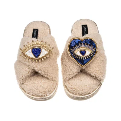 Laines London Women's Brown / Neutrals Laines Neutral Boucle Slippers With Double Love & Heart Eye Brooches - Oatm