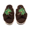 Laines London Women's Brown / Neutrals Laines Neutral Boucle Slippers With Double Palm Tree Brooches - Chocolate