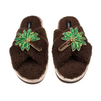 Laines London Women's Brown / Neutrals Laines Neutral Boucle Slippers With Double Palm Tree Brooches - Chocolate