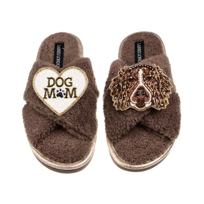 Laines London Women's Brown / Neutrals Laines Neutral Boucle Slippers With Duke The Spaniel & Dog Mum /mom Brooche