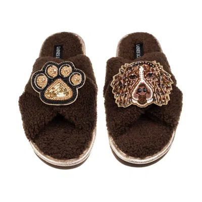 Laines London Women's Brown / Neutrals Laines Neutral Boucle Slippers With Duke The Spaniel & Paw Brooches - Choco