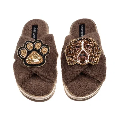 Laines London Women's Brown / Neutrals Laines Neutral Boucle Slippers With Duke The Spaniel & Paw Brooches - Mink