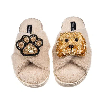 Laines London Women's Brown / Neutrals Laines Neutral Boucle Slippers With Enki Doo The Cockapoo & Paw Brooches - 