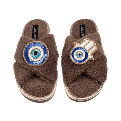 Laines London Women's Brown / Neutrals Laines Neutral Boucle Slippers With Evil Eye & Hamsa Hand Brooches - Mink