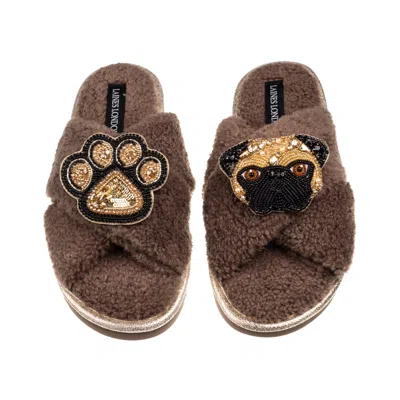 Laines London Women's Brown / Neutrals Laines Neutral Boucle Slippers With Franki Fawn Pug & Paw Brooches - Mink