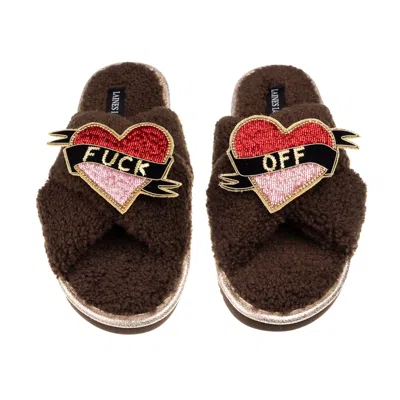 Laines London Women's Brown / Neutrals Laines Neutral Boucle Slippers With Fuck Off Brooches - Chocolate