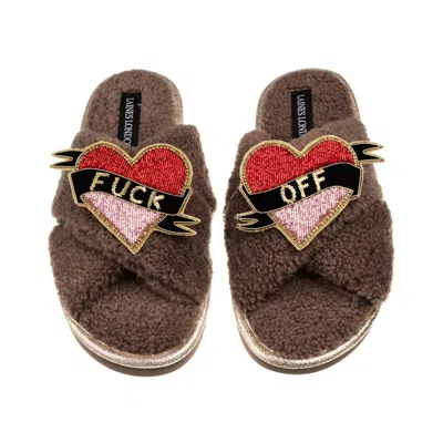 Laines London Women's Brown / Neutrals Laines Neutral Boucle Slippers With Fuck Off Brooches - Mink