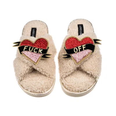 Laines London Women's Brown / Neutrals Laines Neutral Boucle Slippers With Fuck Off Brooches - Oatmeal