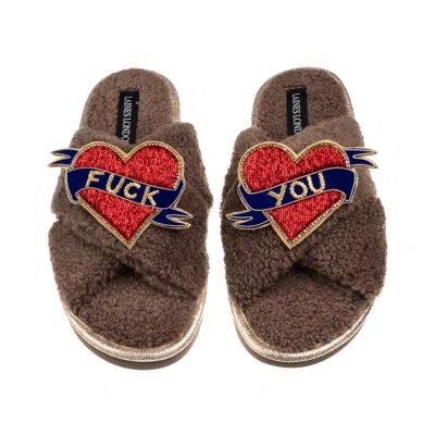 Laines London Women's Brown / Neutrals Laines Neutral Boucle Slippers With Fuck You Brooches - Mink