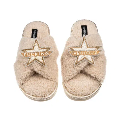 Laines London Women's Brown / Neutrals Laines Neutral Boucle Slippers With Fucking Fabulous Brooches - Oatmeal