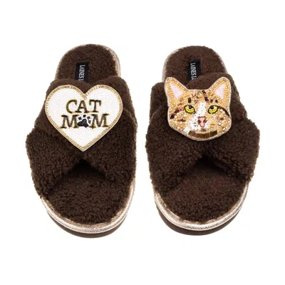Laines London Women's Brown / Neutrals Laines Neutral Boucle Slippers With Ginger Cat & Cat Mum/mom Brooches - Cho