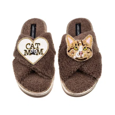 Laines London Women's Brown / Neutrals Laines Neutral Boucle Slippers With Ginger Cat & Cat Mum/mom Brooches - Min