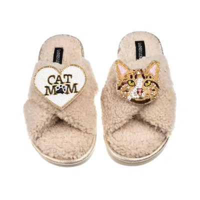 Laines London Women's Brown / Neutrals Laines Neutral Boucle Slippers With Ginger Cat & Cat Mum/mom Brooches - Oat