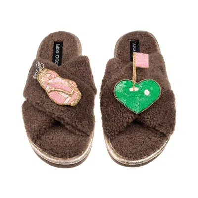 Laines London Women's Brown / Neutrals Laines Neutral Boucle Slippers With Golf Lover Brooches - Mink