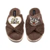 Laines London Women's Brown / Neutrals Laines Neutral Boucle Slippers With Grey Cat & Cat Mum/mom Brooches - Mink