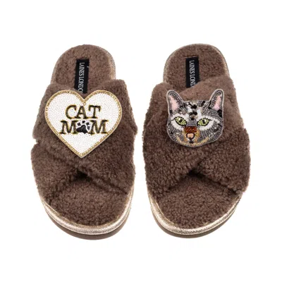 Laines London Women's Brown / Neutrals Laines Neutral Boucle Slippers With Grey Cat & Cat Mum/mom Brooches - Mink
