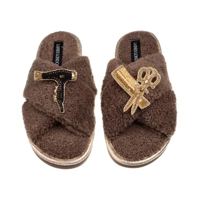 Laines London Women's Brown / Neutrals Laines Neutral Boucle Slippers With Hairdresser Brooches - Mink