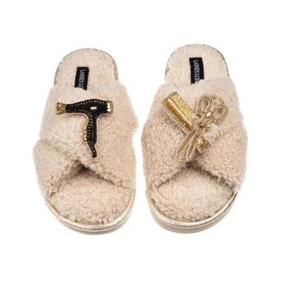 Laines London Women's Brown / Neutrals Laines Neutral Boucle Slippers With Hairdresser Brooches - Oatmeal