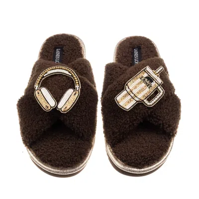 Laines London Women's Brown / Neutrals Laines Neutral Boucle Slippers With Headphones & Quencher Brooches - Chocol