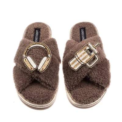 Laines London Women's Brown / Neutrals Laines Neutral Boucle Slippers With Headphones & Quencher Brooches - Mink