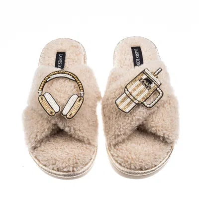 Laines London Women's Brown / Neutrals Laines Neutral Boucle Slippers With Headphones & Quencher Brooches - Oatmea