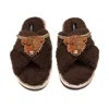 Laines London Women's Brown / Neutrals Laines Neutral Boucle Slippers With Highland Cow Brooches - Chocolate