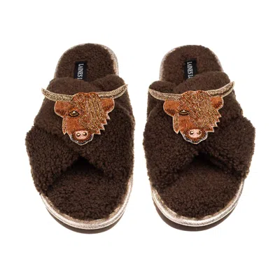 Laines London Women's Brown / Neutrals Laines Neutral Boucle Slippers With Highland Cow Brooches - Chocolate