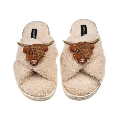 Laines London Women's Brown / Neutrals Laines Neutral Boucle Slippers With Highland Cow Brooches - Oatmeal