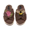 Laines London Women's Brown / Neutrals Laines Neutral Boucle Slippers With Honeybee & Pink Foxglove Flower Brooche