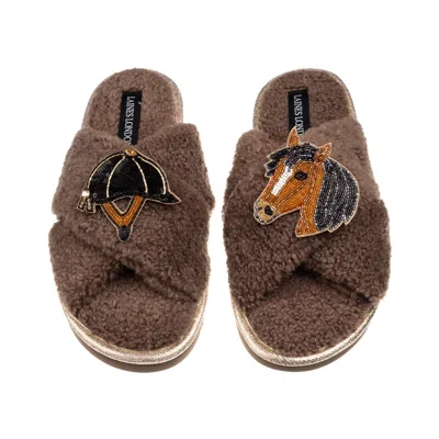 Laines London Women's Brown / Neutrals Laines Neutral Boucle Slippers With Horse & Riding Hat Brooches - Mink