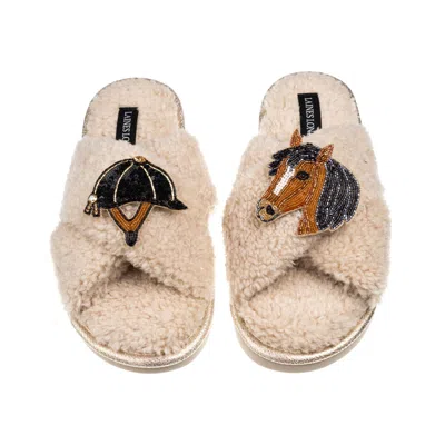 Laines London Women's Brown / Neutrals Laines Neutral Boucle Slippers With Horse & Riding Hat Brooches - Oatmeal