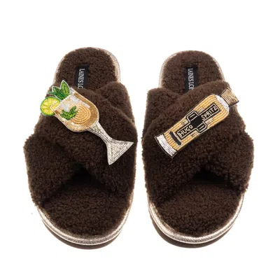Laines London Women's Brown / Neutrals Laines Neutral Boucle Slippers With Hugo Spritz Brooches - Chocolate