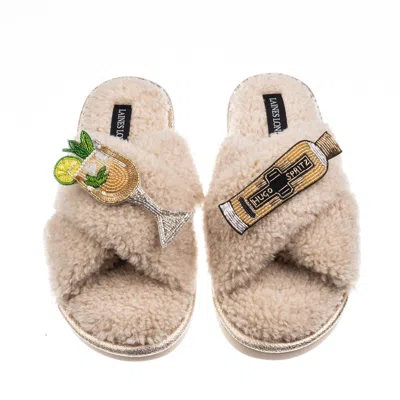Laines London Women's Brown / Neutrals Laines Neutral Boucle Slippers With Hugo Spritz Brooches - Oatmeal