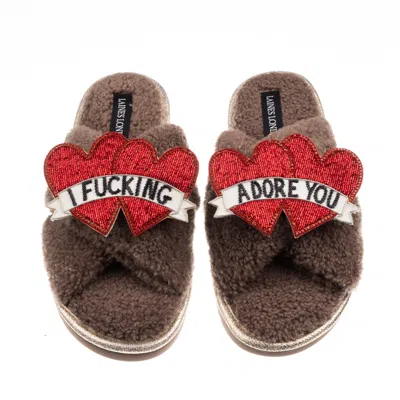 Laines London Women's Brown / Neutrals Laines Neutral Boucle Slippers With I Fucking Adore You Brooches - Mink