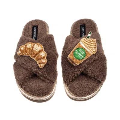Laines London Women's Brown / Neutrals Laines Neutral Boucle Slippers With Iced Coffee & Croissant Brooches - Mink
