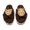 Laines London Women's Brown / Neutrals Laines Neutral Boucle Slippers With Lion & Lioness Brooches - Chocolate