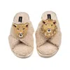 Laines London Women's Brown / Neutrals Laines Neutral Boucle Slippers With Lion & Lioness Brooches - Oatmeal