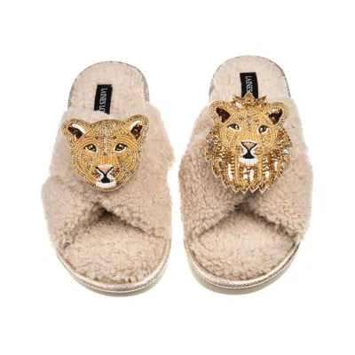 Laines London Women's Brown / Neutrals Laines Neutral Boucle Slippers With Lion & Lioness Brooches - Oatmeal