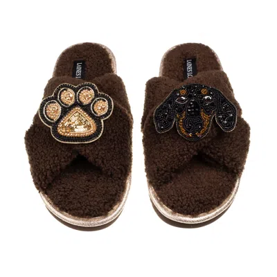 Laines London Women's Brown / Neutrals Laines Neutral Boucle Slippers With Little Sausage & Paw Brooches - Chocola