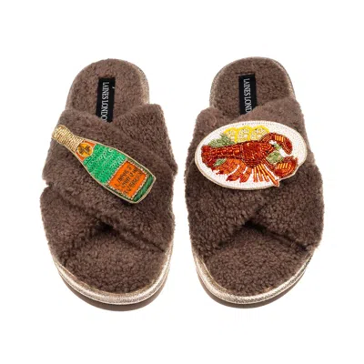 Laines London Women's Brown / Neutrals Laines Neutral Boucle Slippers With Lobster Platter & Champagne Bottle Broo