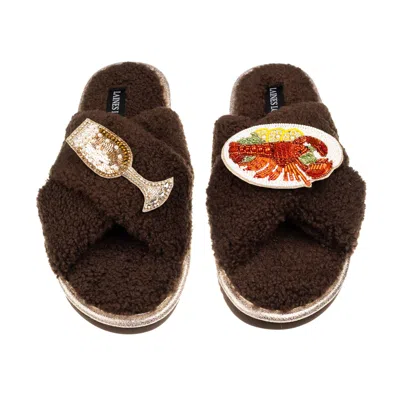 Laines London Women's Brown / Neutrals Laines Neutral Boucle Slippers With Lobster Platter & Champers Glass Brooch