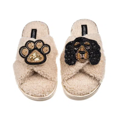 Laines London Women's Brown / Neutrals Laines Neutral Boucle Slippers With Louie The King Charles & Paw Brooches -