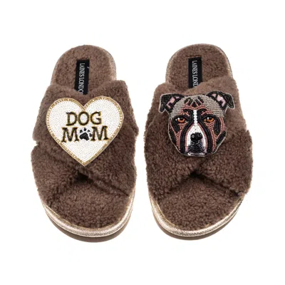Laines London Women's Brown / Neutrals Laines Neutral Boucle Slippers With Luna-rose Staffy & Dog Mum / Mom Brooch