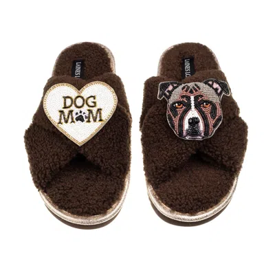 Laines London Women's Brown / Neutrals Laines Neutral Boucle Slippers With Luna-rose Staffy & Dog Mum / Mom Brooch