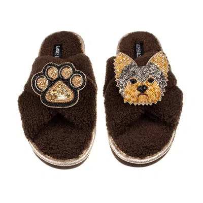 Laines London Women's Brown / Neutrals Laines Neutral Boucle Slippers With Minnie The Yorkie & Paw Brooches - Choc