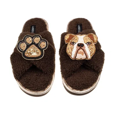 Laines London Women's Brown / Neutrals Laines Neutral Boucle Slippers With Mr Beefy The Bulldog & Paw Brooches - C