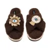 Laines London Women's Brown / Neutrals Laines Neutral Boucle Slippers With Mystic Eyes Brooches - Chocolate
