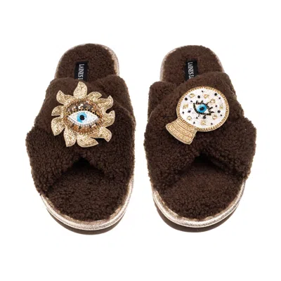 Laines London Women's Brown / Neutrals Laines Neutral Boucle Slippers With Mystic Eyes Brooches - Chocolate