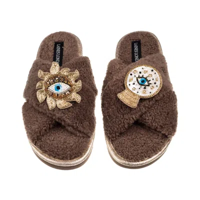 Laines London Women's Brown / Neutrals Laines Neutral Boucle Slippers With Mystic Eyes Brooches - Mink
