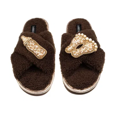 Laines London Women's Brown / Neutrals Laines Neutral Boucle Slippers With New Baby Gold Brooches - Chocolate